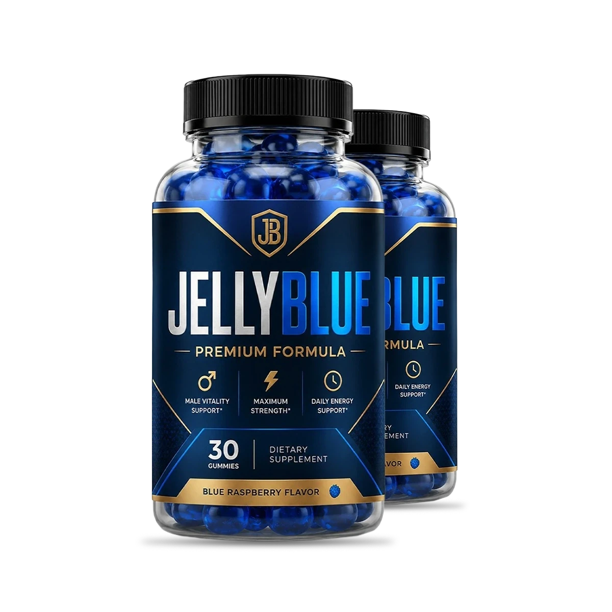Two JellyBlue bottles, front label, 30 gummies each