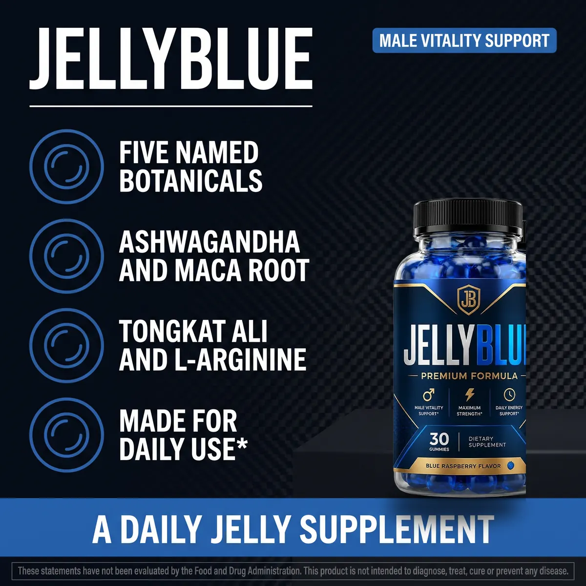 JellyBlue listing graphic showing male vitality support and the named botanicals