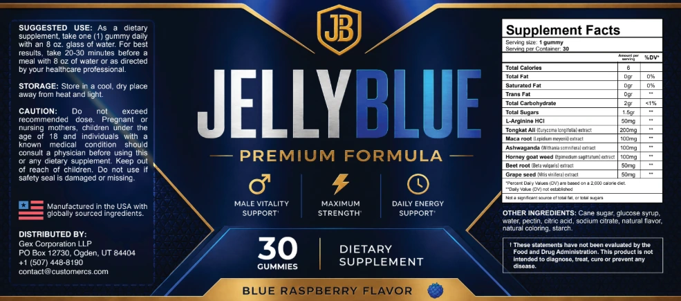 The JellyBlue Premium Formula label and Supplement Facts panel, listing Tongkat Ali 200 mg, maca root 100 mg, ashwagandha 100 mg, horny goat weed 100 mg, L-arginine HCl 50 mg, beet root 50 mg and grape seed 50 mg per gummy